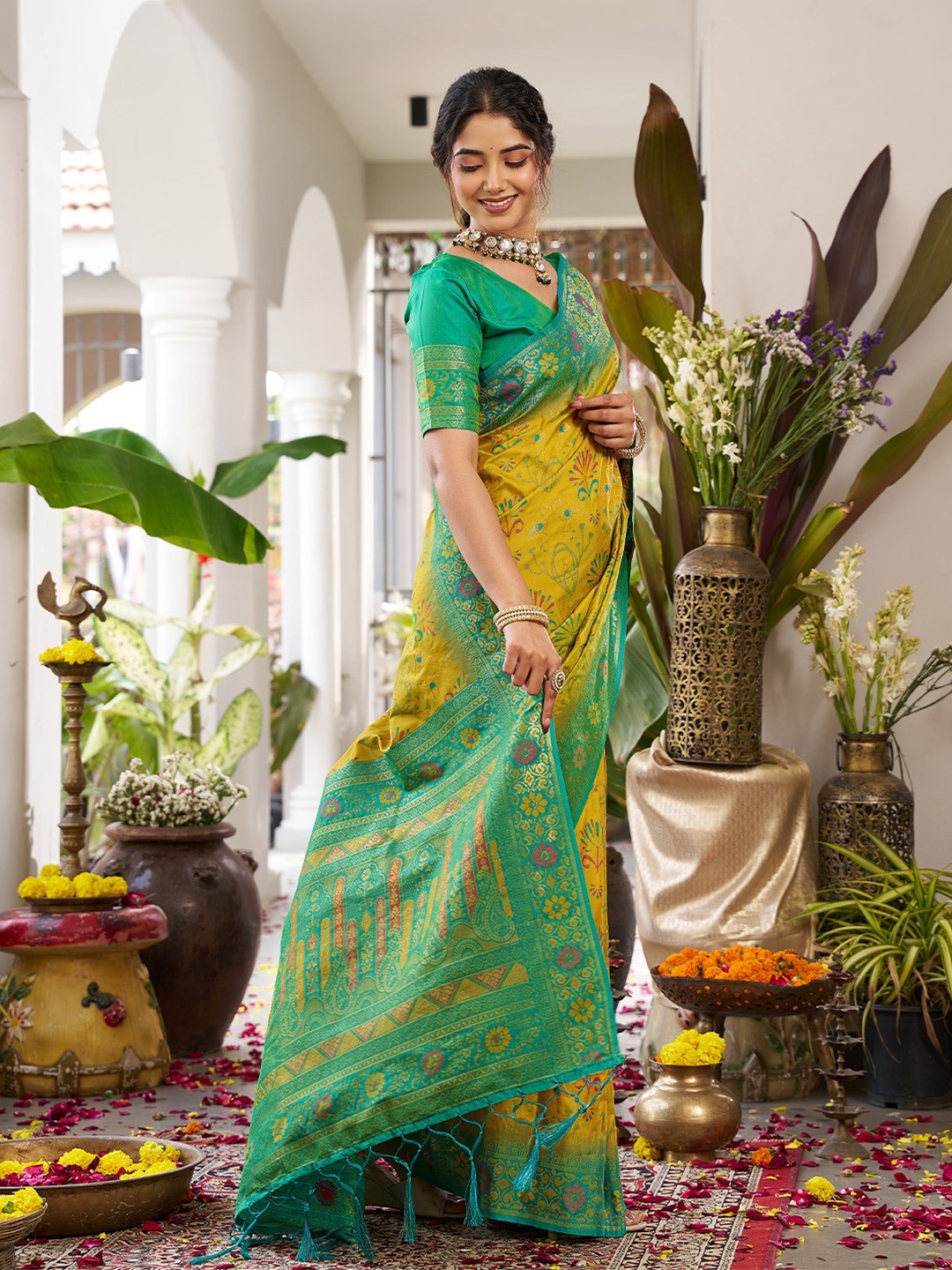 Classic Mustard Soft Silk Blend Saree Enhanced With Traditional Floral Weaving & Tassel Pallu - Image 7