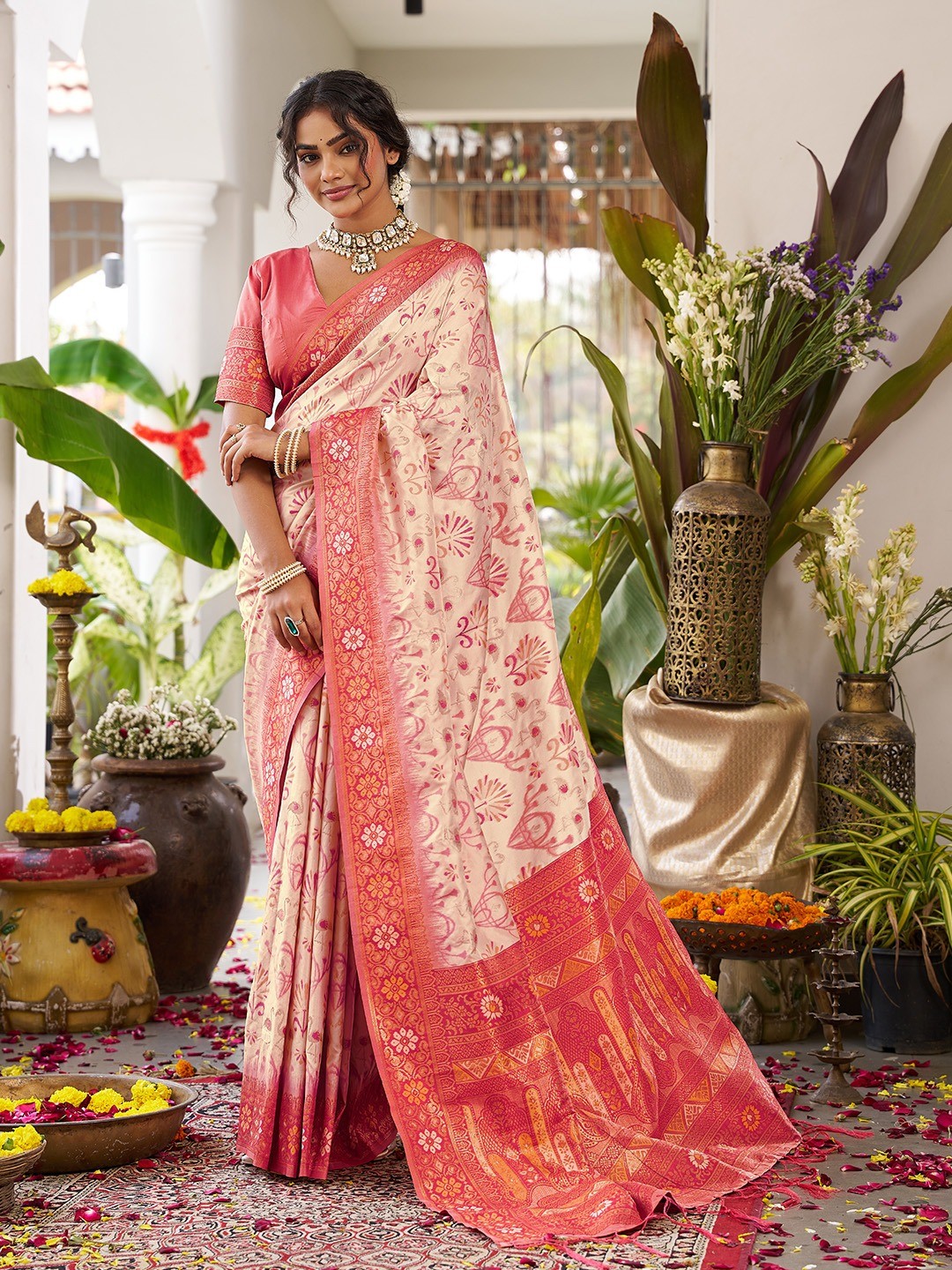 Classic Cream Soft Silk Blend Saree Enhanced With Traditional Floral Weaving & Tassel Pallu - Image 1