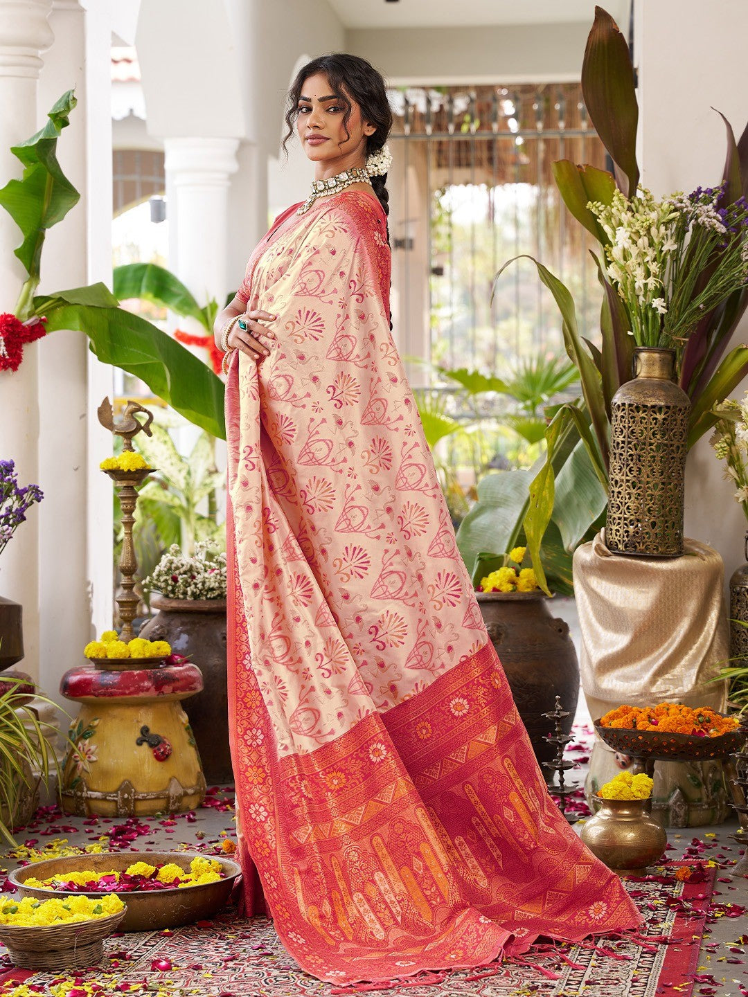 Classic Cream Soft Silk Blend Saree Enhanced With Traditional Floral Weaving & Tassel Pallu - Image 6