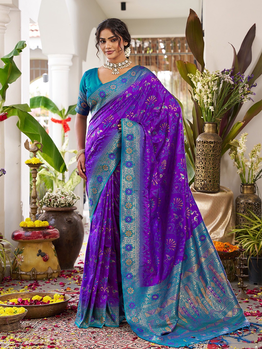 Classic Violet Soft Silk Blend Saree Enhanced With Traditional Floral Weaving & Tassel Pallu - Image 1