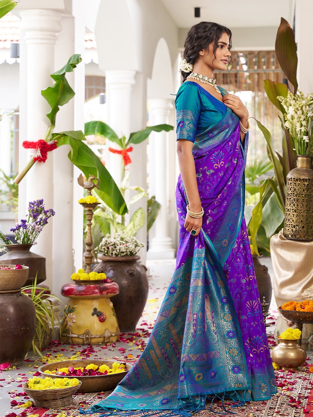 Classic Violet Soft Silk Blend Saree Enhanced With Traditional Floral Weaving & Tassel Pallu - Image 6