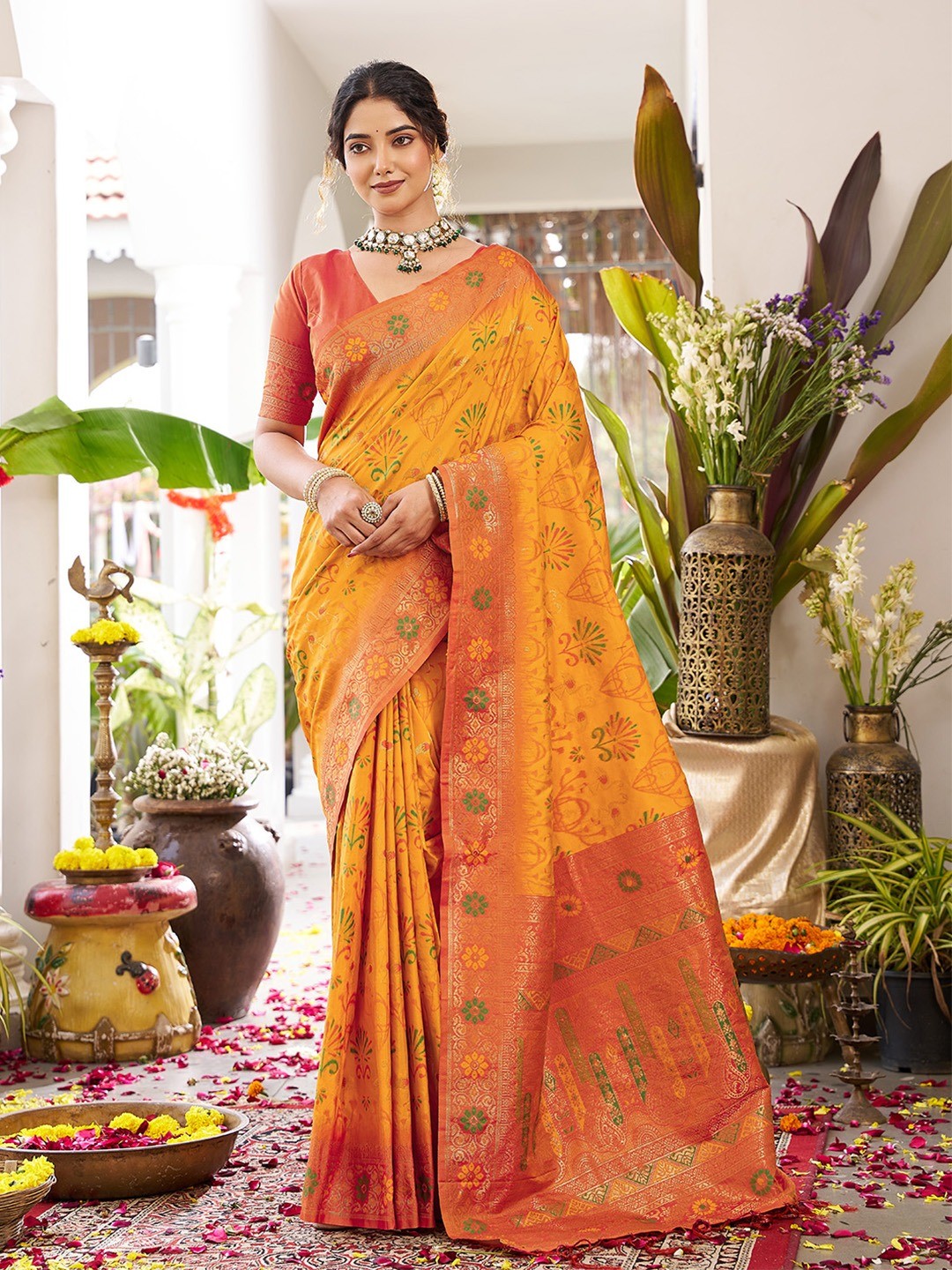Classic Yellow Soft Silk Blend Saree Enhanced With Traditional Floral Weaving & Tassel Pallu - Image 1