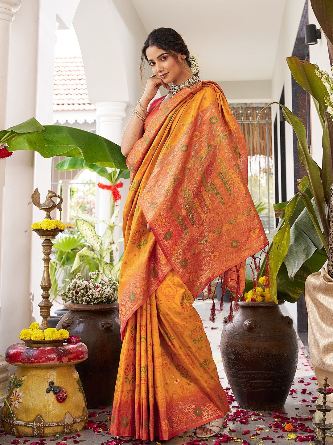 Classic Yellow Soft Silk Blend Saree Enhanced With Traditional Floral Weaving & Tassel Pallu - Image 6