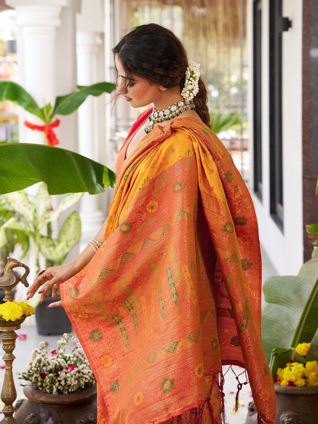 Classic Yellow Soft Silk Blend Saree Enhanced With Traditional Floral Weaving & Tassel Pallu - Image 3