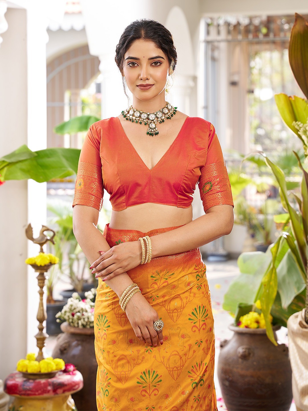 Classic Yellow Soft Silk Blend Saree Enhanced With Traditional Floral Weaving & Tassel Pallu - Image 2