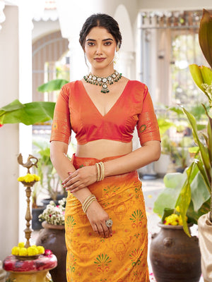 Classic Yellow Soft Silk Blend Saree Enhanced With Traditional Floral Weaving & Tassel Pallu - Image 2