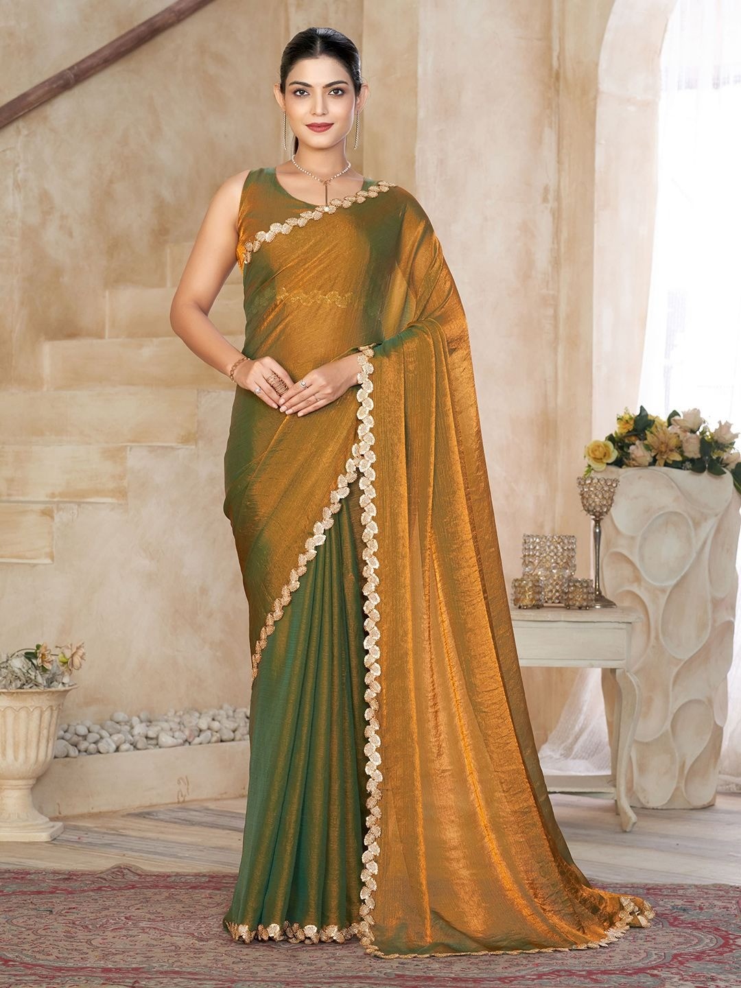Gold Satin Saree with Intricate Border Detailing for Elegant Evening Wear - Image 1