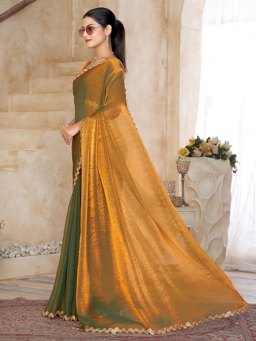 Gold Satin Saree with Intricate Border Detailing for Elegant Evening Wear - Image 6
