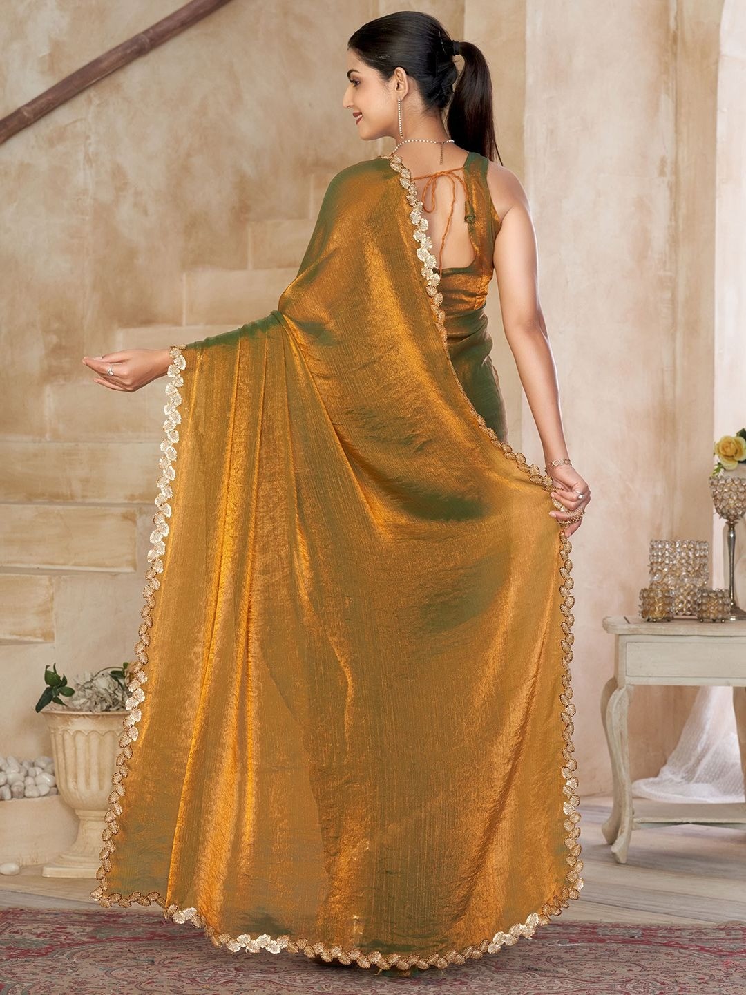 Gold Satin Saree with Intricate Border Detailing for Elegant Evening Wear - Image 5