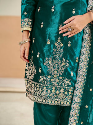 Designer Teal Velvet Salwar Suit with Intricate Sequins Embroidery Pattern - Image 2