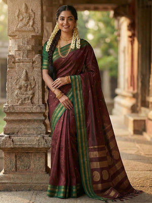 Graceful Maroon Woven Silk Blend Saree With Paisley Pattern Pallu & Decorative Tassels - Image 1