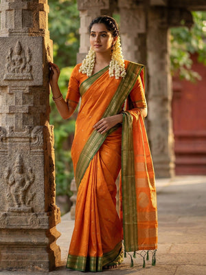 Graceful Orange Woven Silk Blend Saree With Paisley Pattern Pallu & Decorative Tassels - Image 1