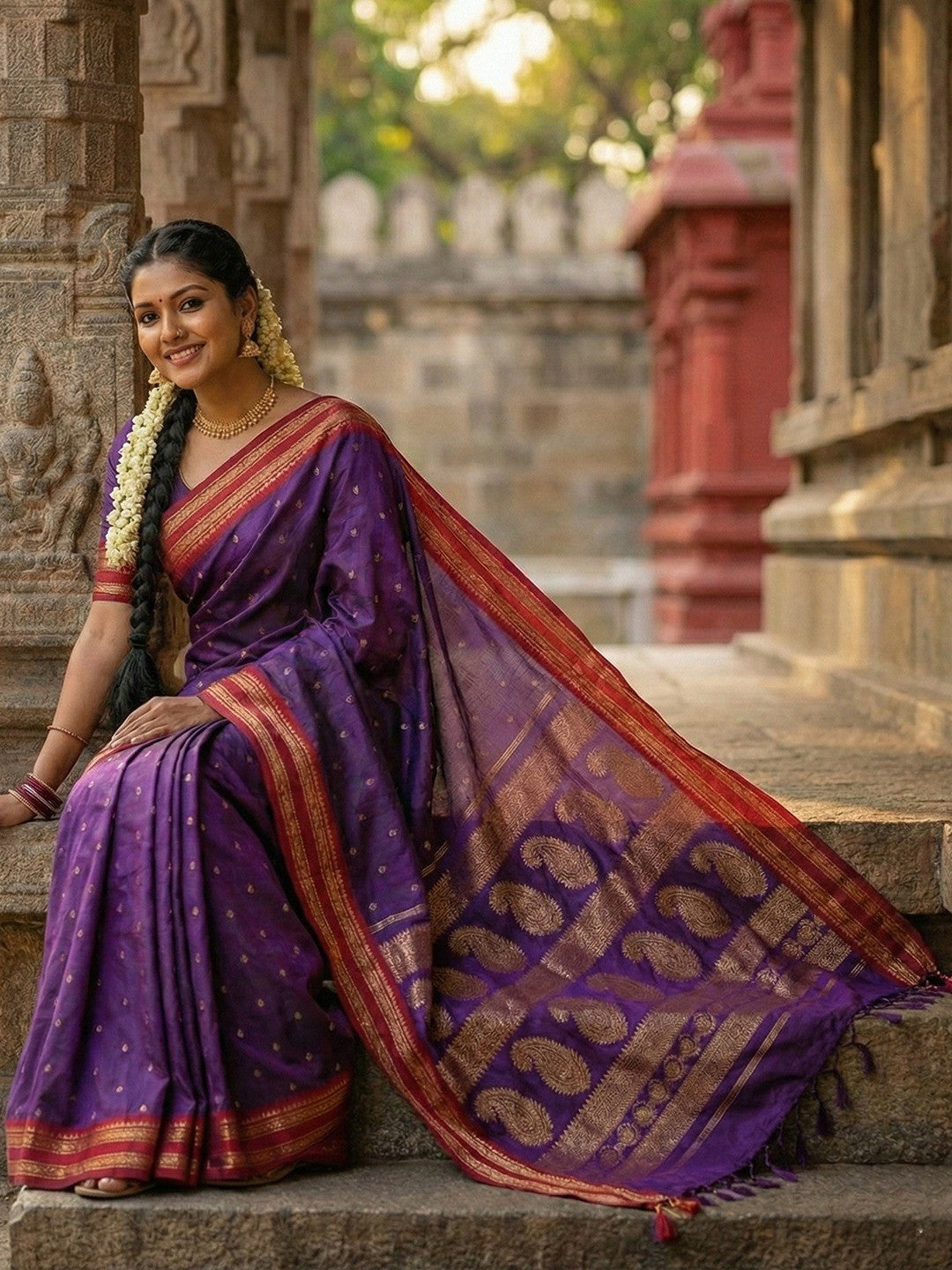 Graceful Royal Purple Woven Silk Blend Saree With Paisley Pattern Pallu & Decorative Tassels - Image 3