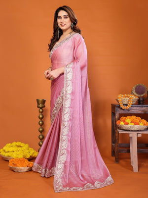 Elegant Pink Chiffon Saree Featuring Shimmering Sequins Cording Embroidered Work - Image 2