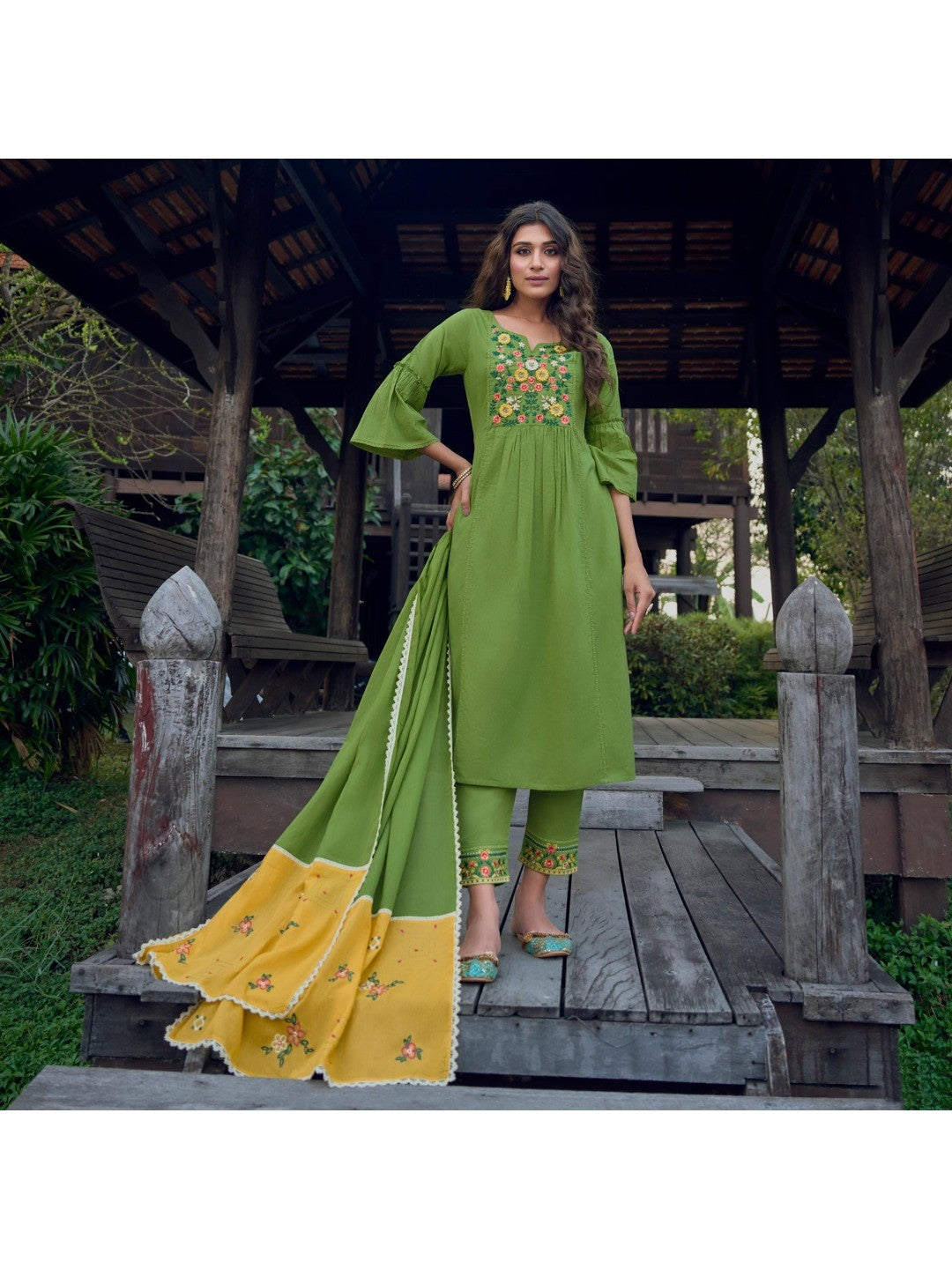 Green Embroidered Pure Cotton Suit - Image 5
