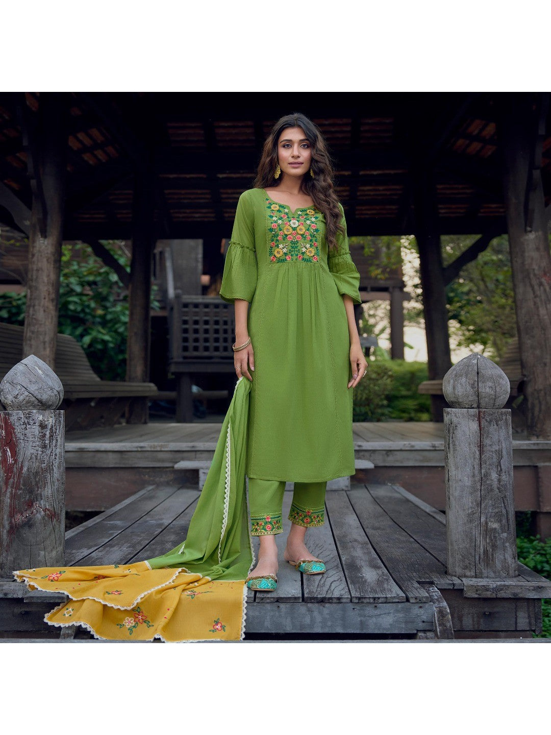 Green Embroidered Pure Cotton Suit - Image 3