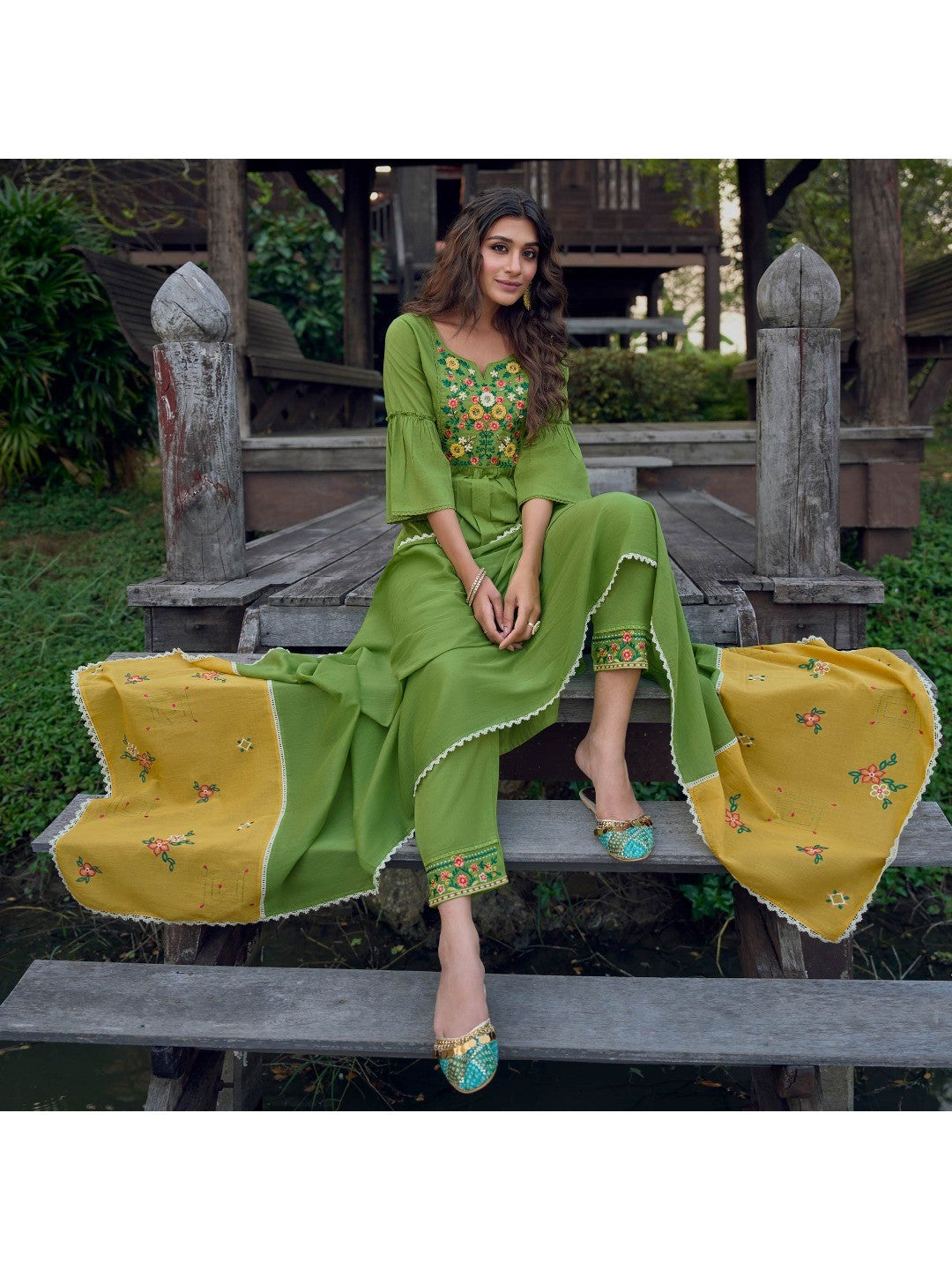 Green Embroidered Pure Cotton Suit - Image 1