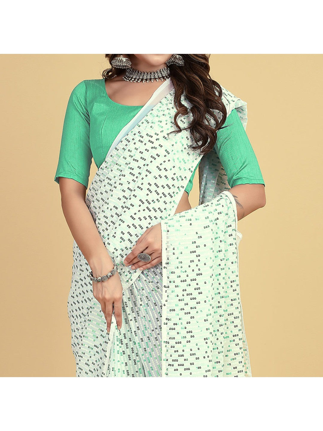 White & Sea Green Sequins Embroidered Georgette Saree - Image 5