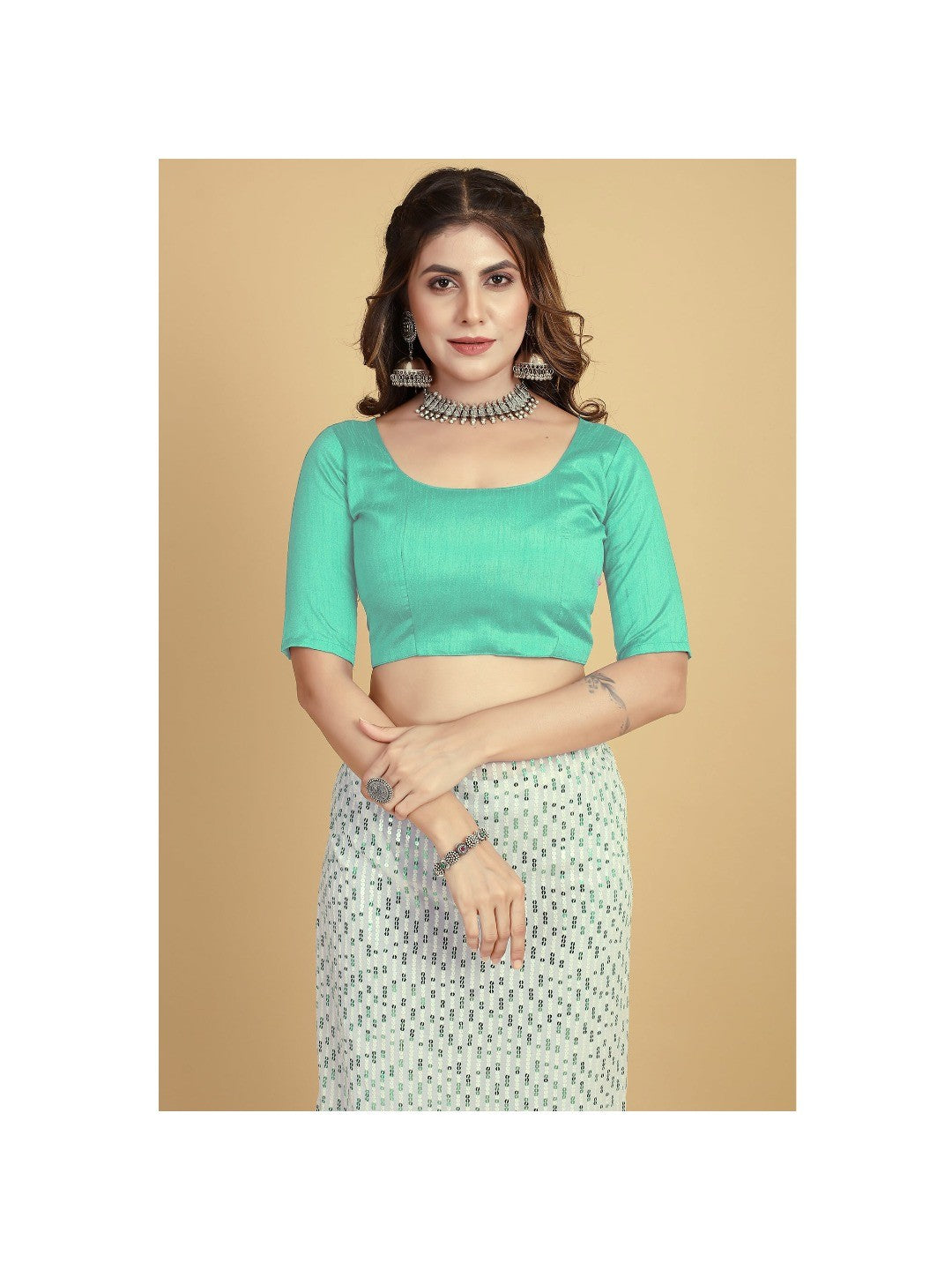 White & Sea Green Sequins Embroidered Georgette Saree - Image 3