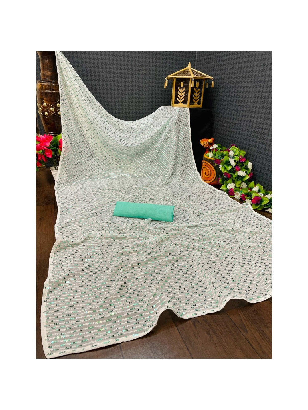 White & Sea Green Sequins Embroidered Georgette Saree - Image 2