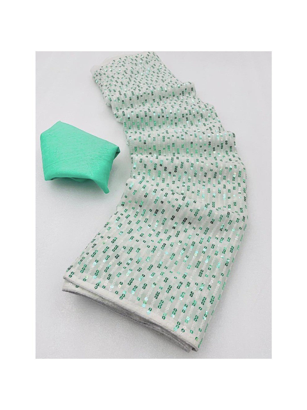 White & Sea Green Sequins Embroidered Georgette Saree - Image 1