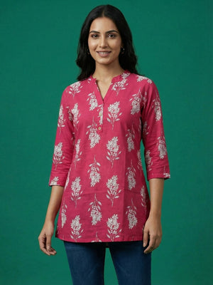 Pink Floral Print Pure Cotton Top Crafted for Relaxed Casual Wear - Image 1