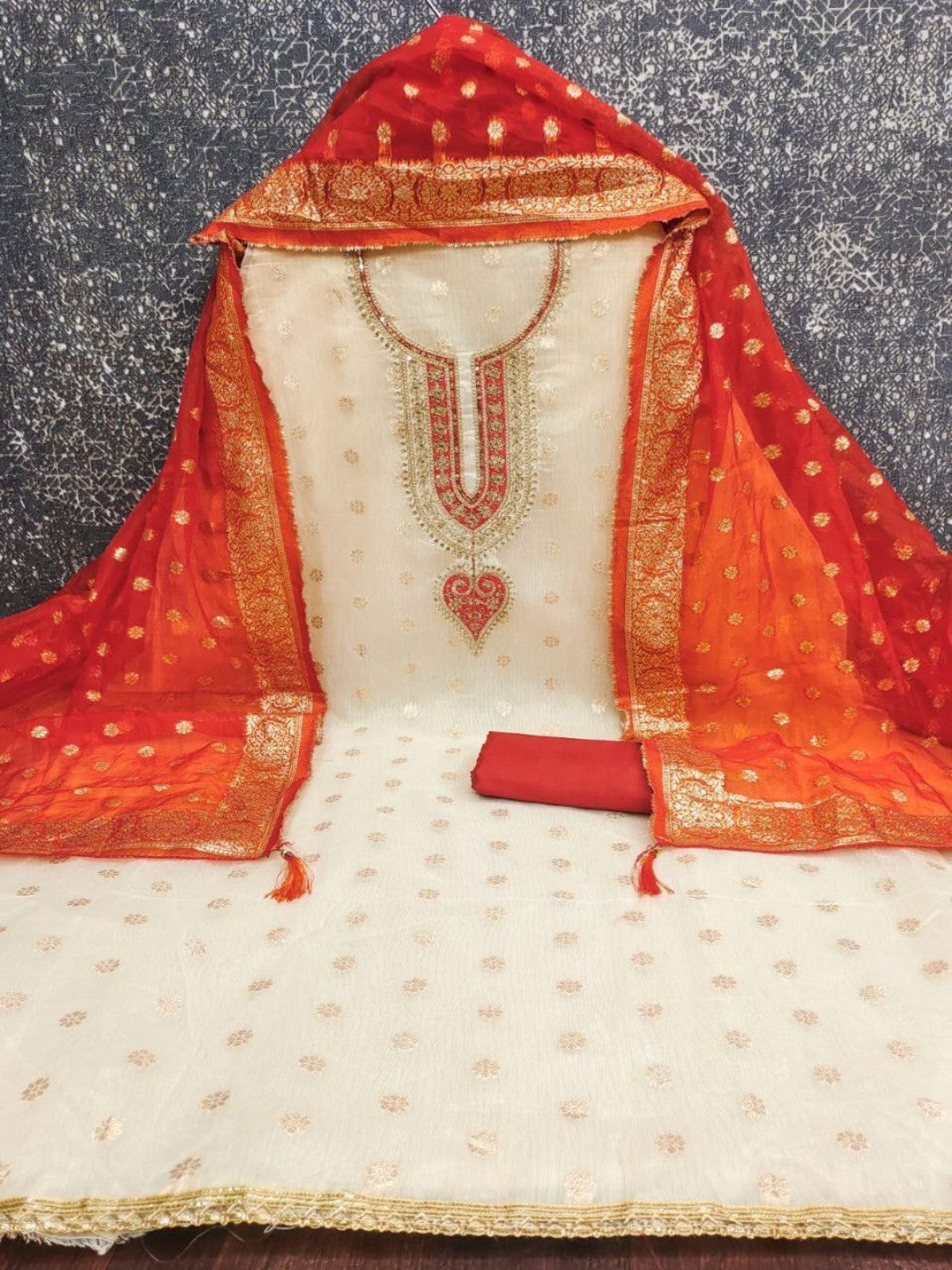 Cream & Orange Butti Weaving Shimmer Dress Material With Elegant Cording Embroidery Work On Neck - Image 5