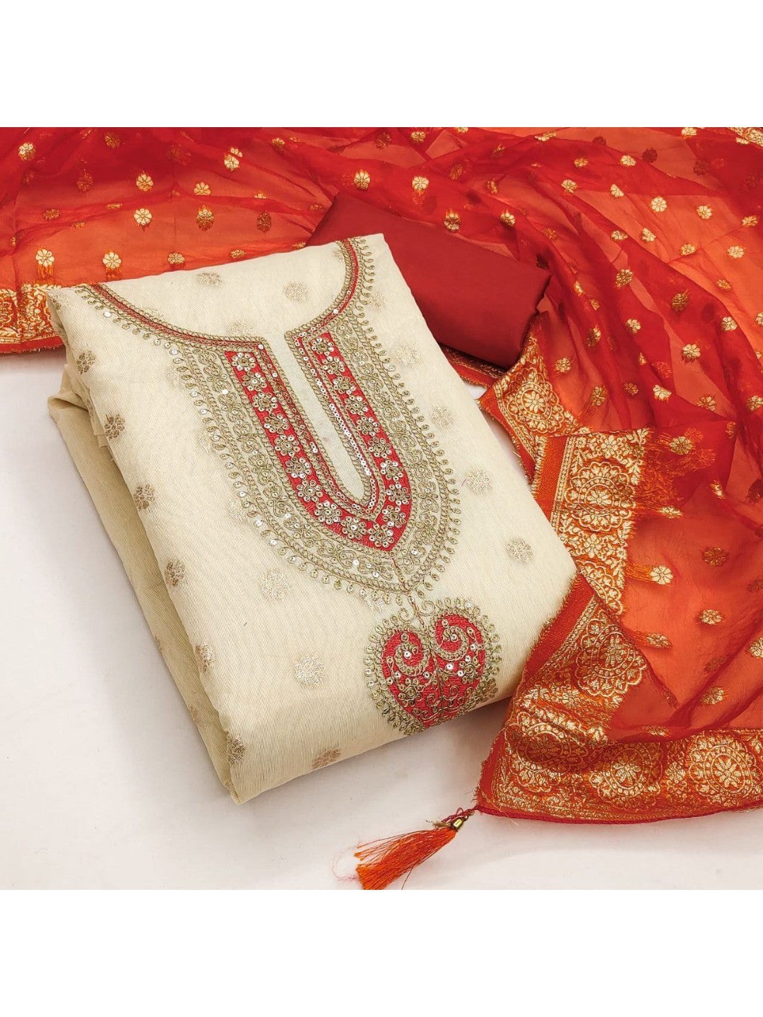 Cream & Orange Butti Weaving Shimmer Dress Material With Elegant Cording Embroidery Work On Neck - Image 4