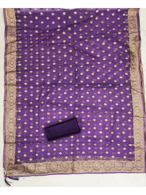Cream & Purple Butti Weaving Shimmer Dress Material With Elegant Cording Embroidery Work On Neck - Image 2