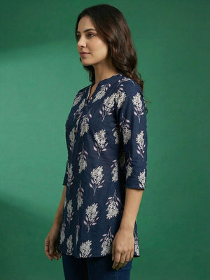 Navy Blue Floral Print Pure Cotton Top Crafted for Relaxed Casual Wear - Image 2