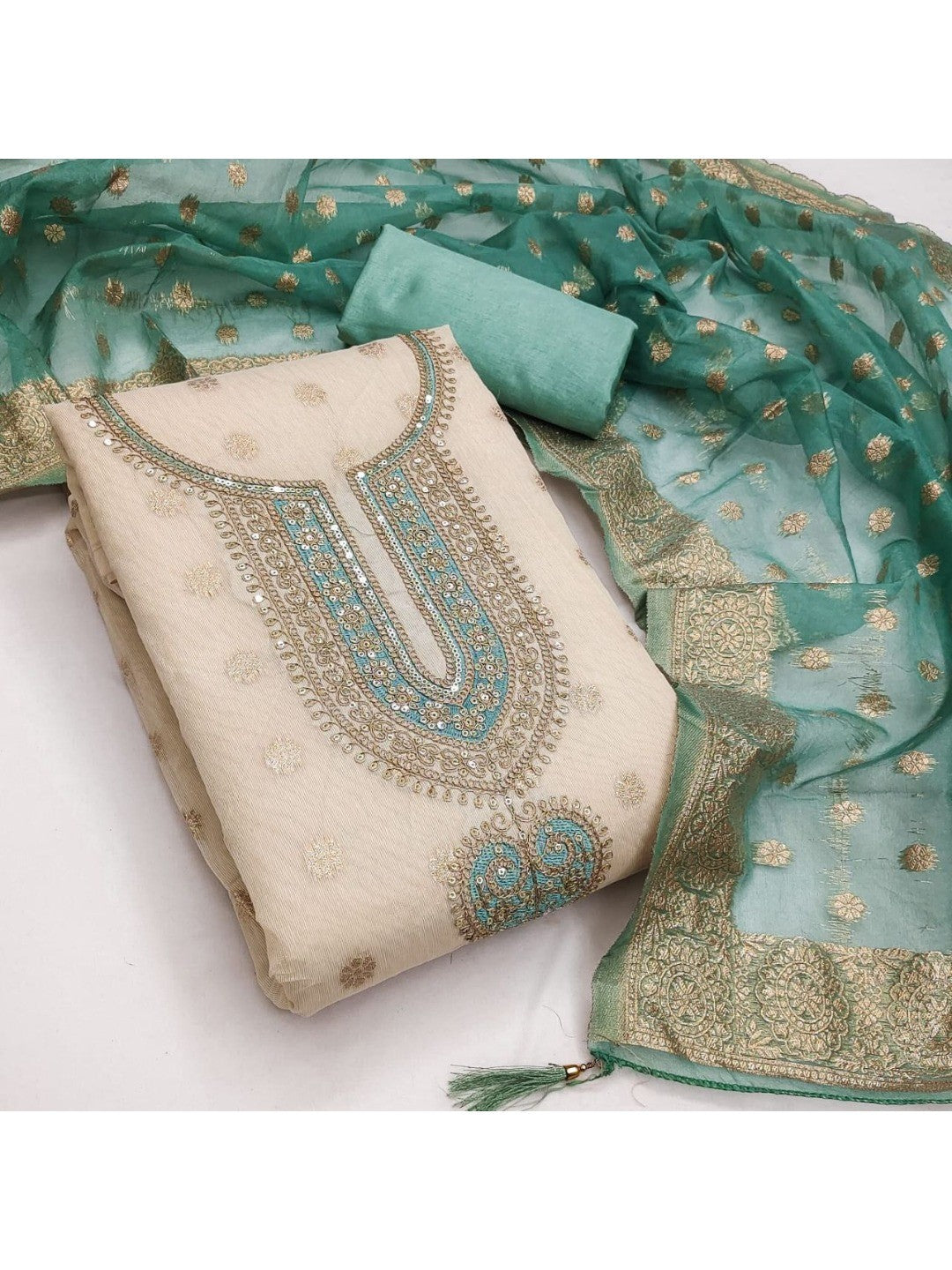 Cream & Turquoise Butti Weaving Shimmer Dress Material With Elegant Cording Embroidery Work On Neck - Image 3