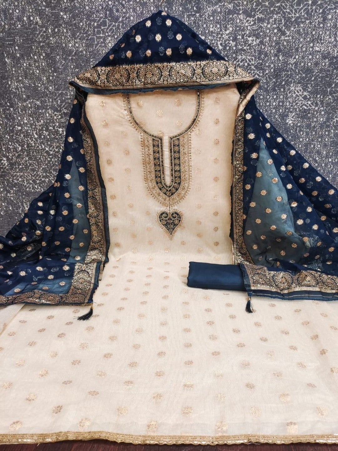 Cream & Blue Butti Weaving Shimmer Dress Material With Elegant Cording Embroidery Work On Neck - Image 5