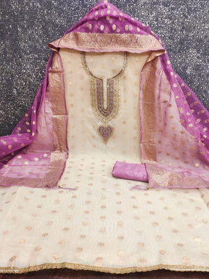 Cream & Lavender Butti Weaving Shimmer Dress Material With Elegant Cording Embroidery Work On Neck - Image 2