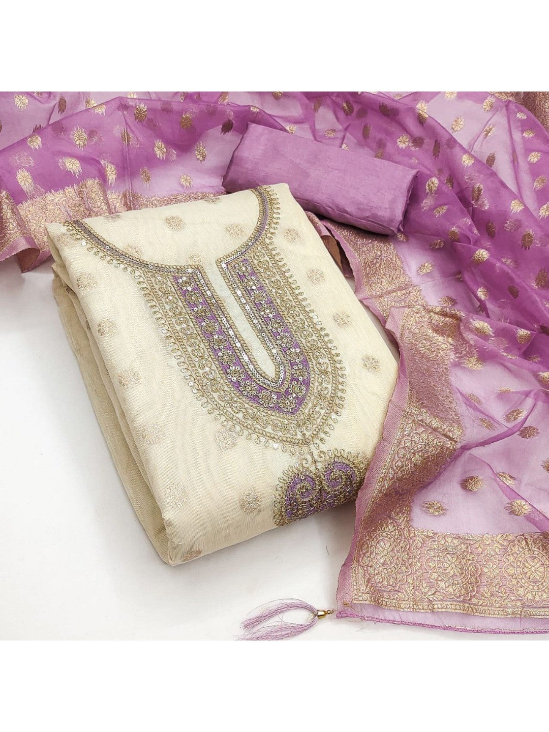 Cream & Lavender Butti Weaving Shimmer Dress Material With Elegant Cording Embroidery Work On Neck - Image 3