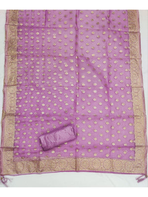 Cream & Lavender Butti Weaving Shimmer Dress Material With Elegant Cording Embroidery Work On Neck - Image 2