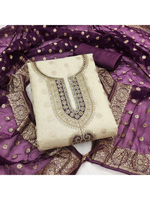 Cream & Wine Butti Weaving Shimmer Dress Material With Elegant Cording Embroidery Work On Neck - Image 1