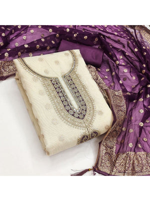 Cream & Wine Butti Weaving Shimmer Dress Material With Elegant Cording Embroidery Work On Neck - Image 2