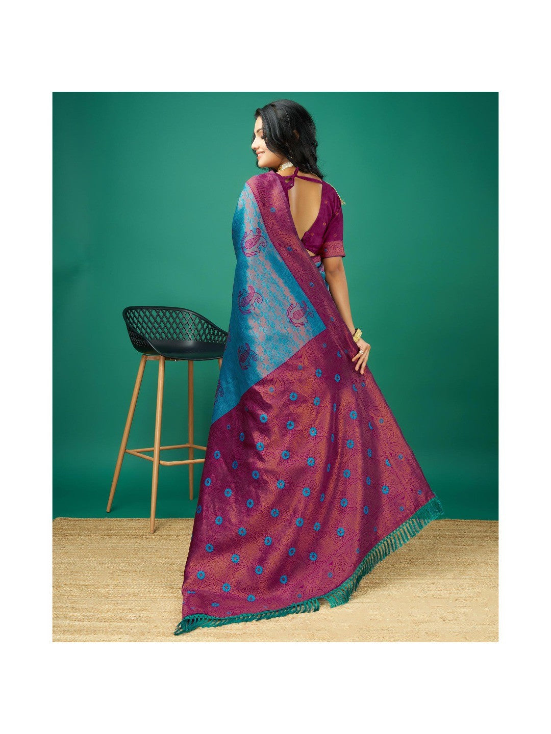 Blue Zari Woven Banarasi Silk Saree With Tassels - Image 2