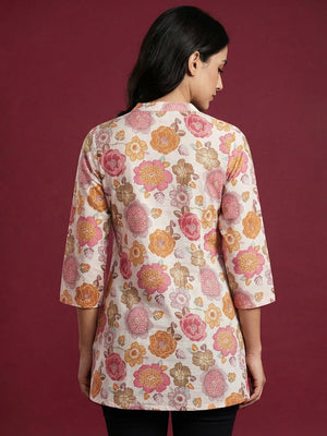 Off White Floral Print Pure Cotton Top Crafted for Relaxed Casual Wear - Image 2