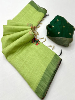 Green Cotton Blend Saree with Jamnadi-Inspired Floral Woven Motifs - Image 2