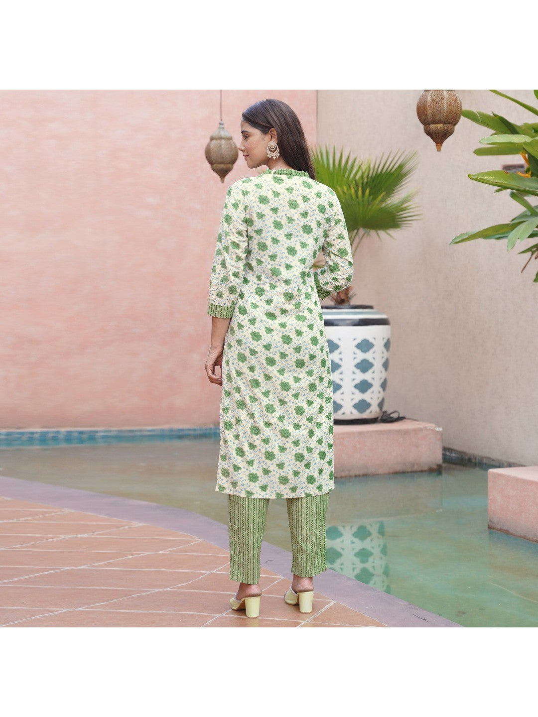 White & Green Floral Printed Pure Cotton Suit - Image 3