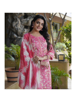 Pink Foil Printed Rayon Suit - Image 1