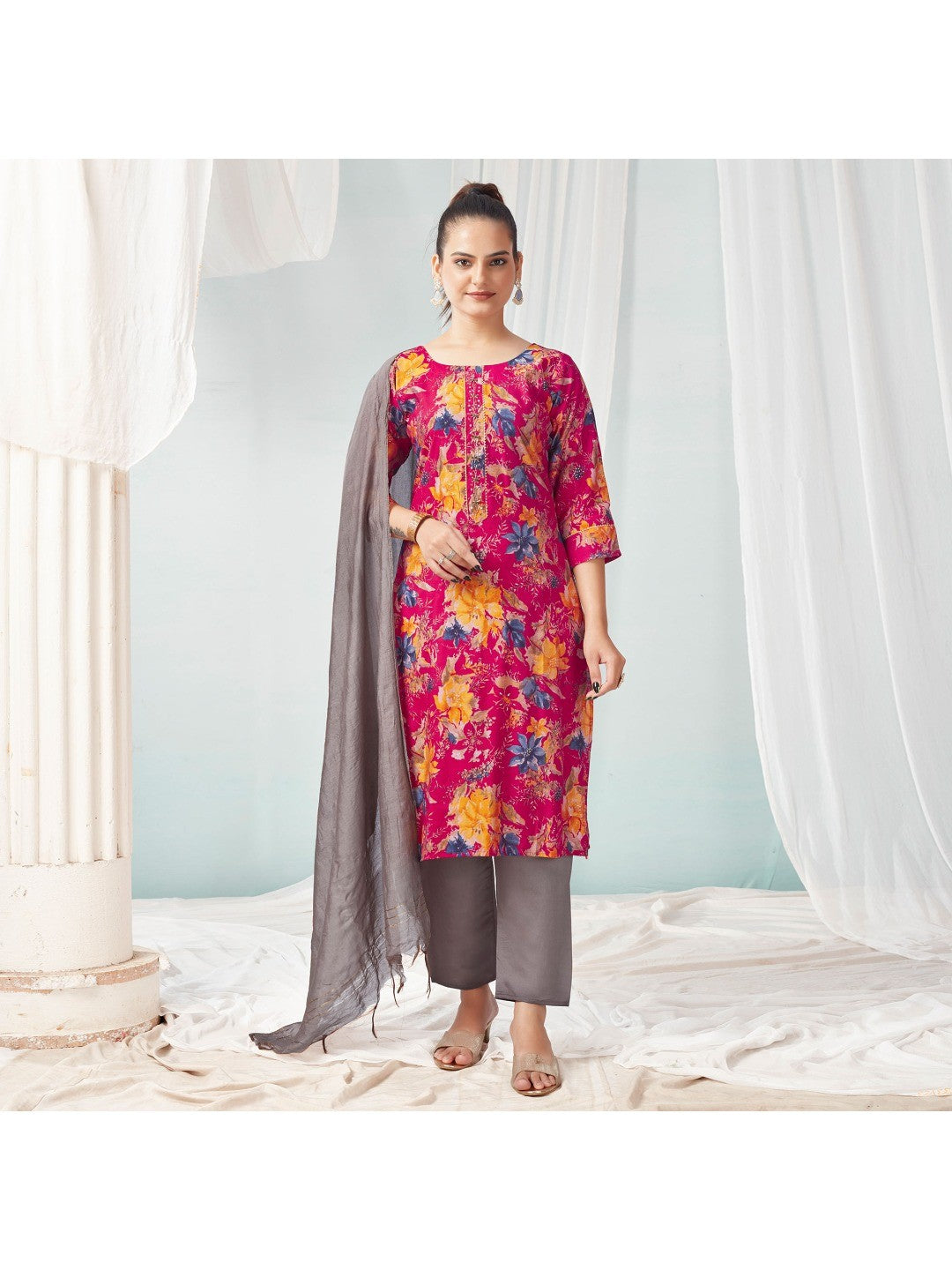 Pink Floral Foil Printed Modal Suit - Image 5