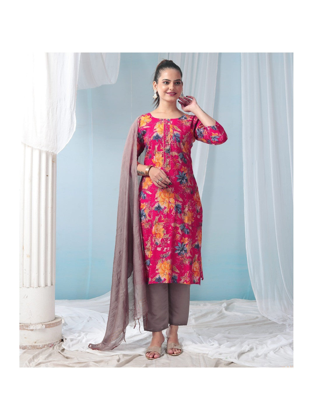 Pink Floral Foil Printed Modal Suit - Image 3