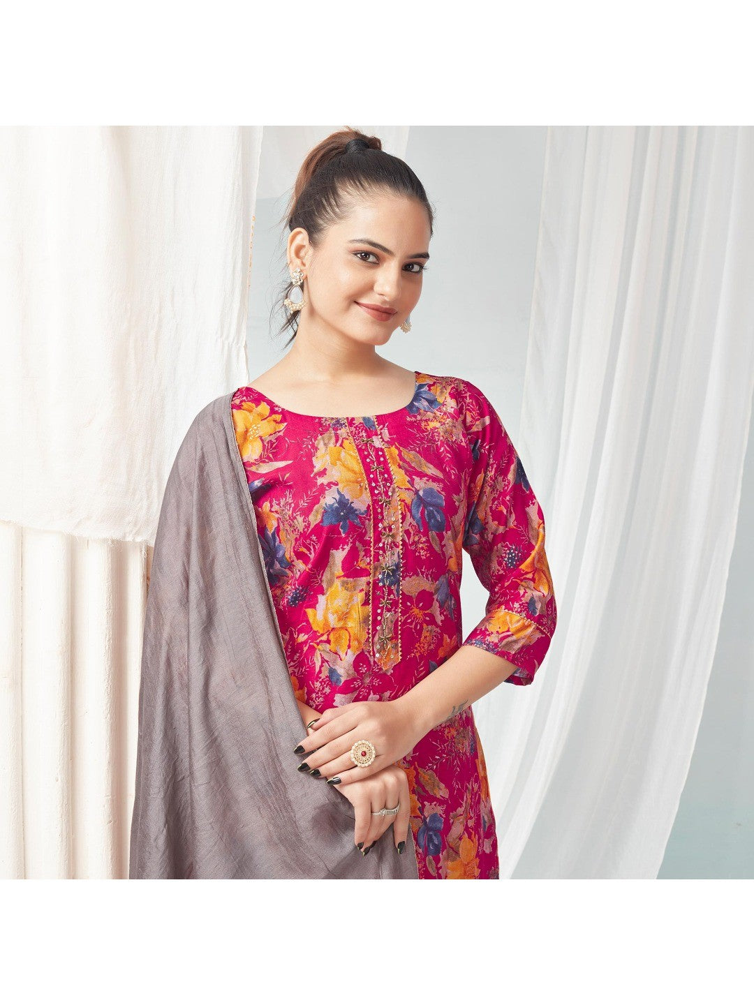 Pink Floral Foil Printed Modal Suit - Image 1