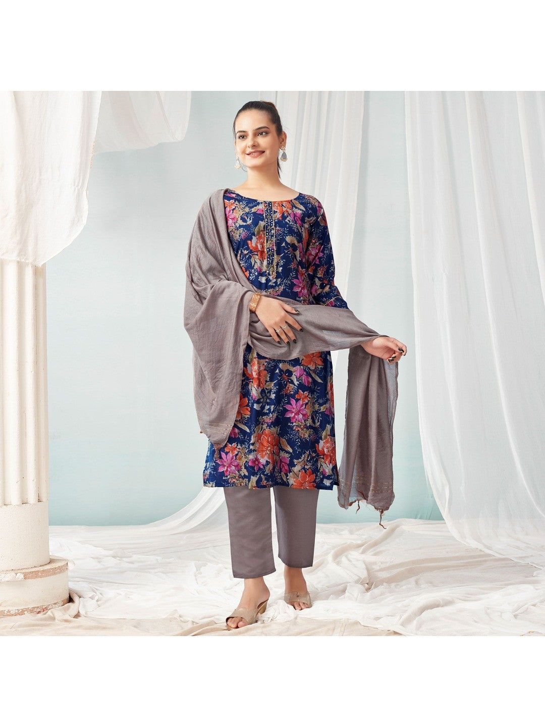 Navy Blue Floral Foil Printed Modal Suit - Image 5
