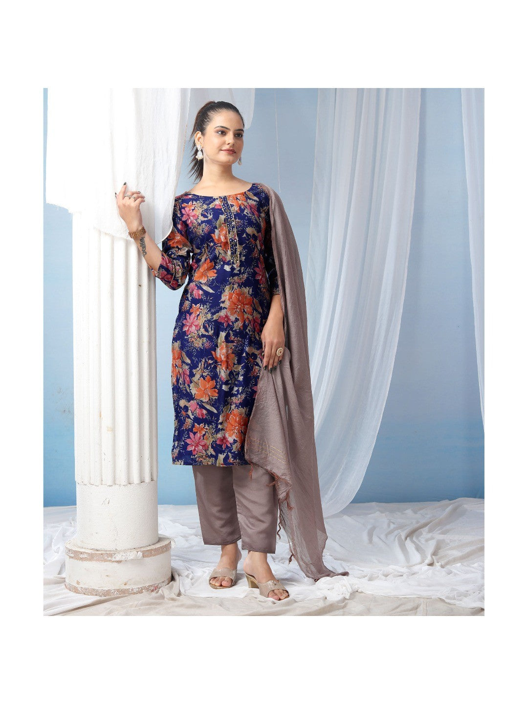 Navy Blue Floral Foil Printed Modal Suit - Image 3