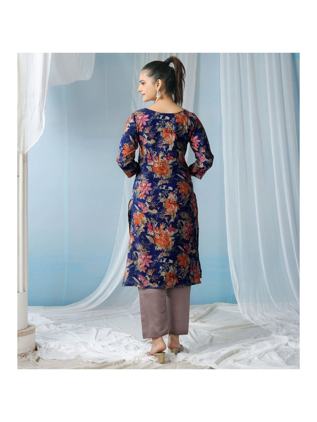 Navy Blue Floral Foil Printed Modal Suit - Image 2