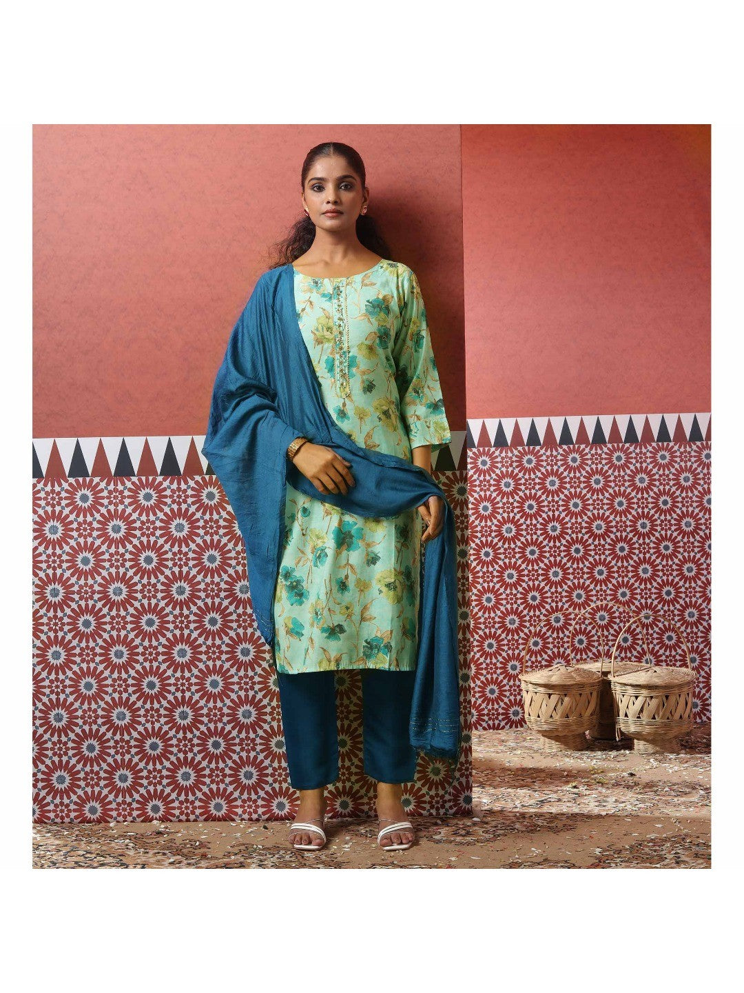 Turquoise Floral Foil Printed Modal Suit - Image 4