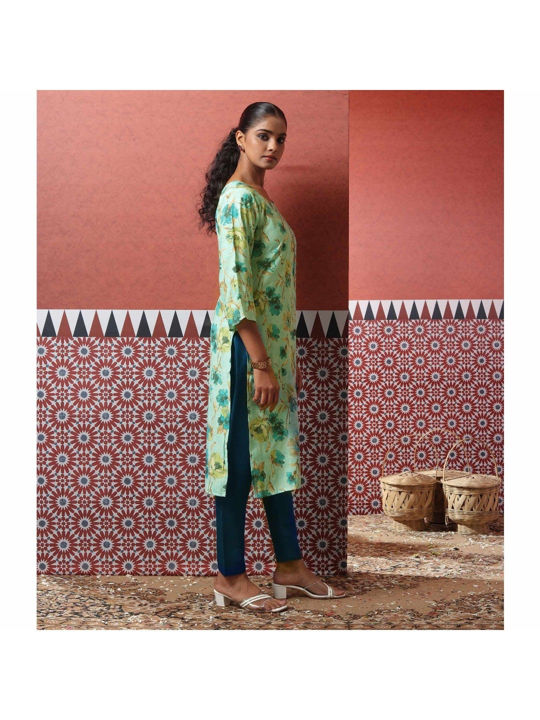 Turquoise Floral Foil Printed Modal Suit - Image 3